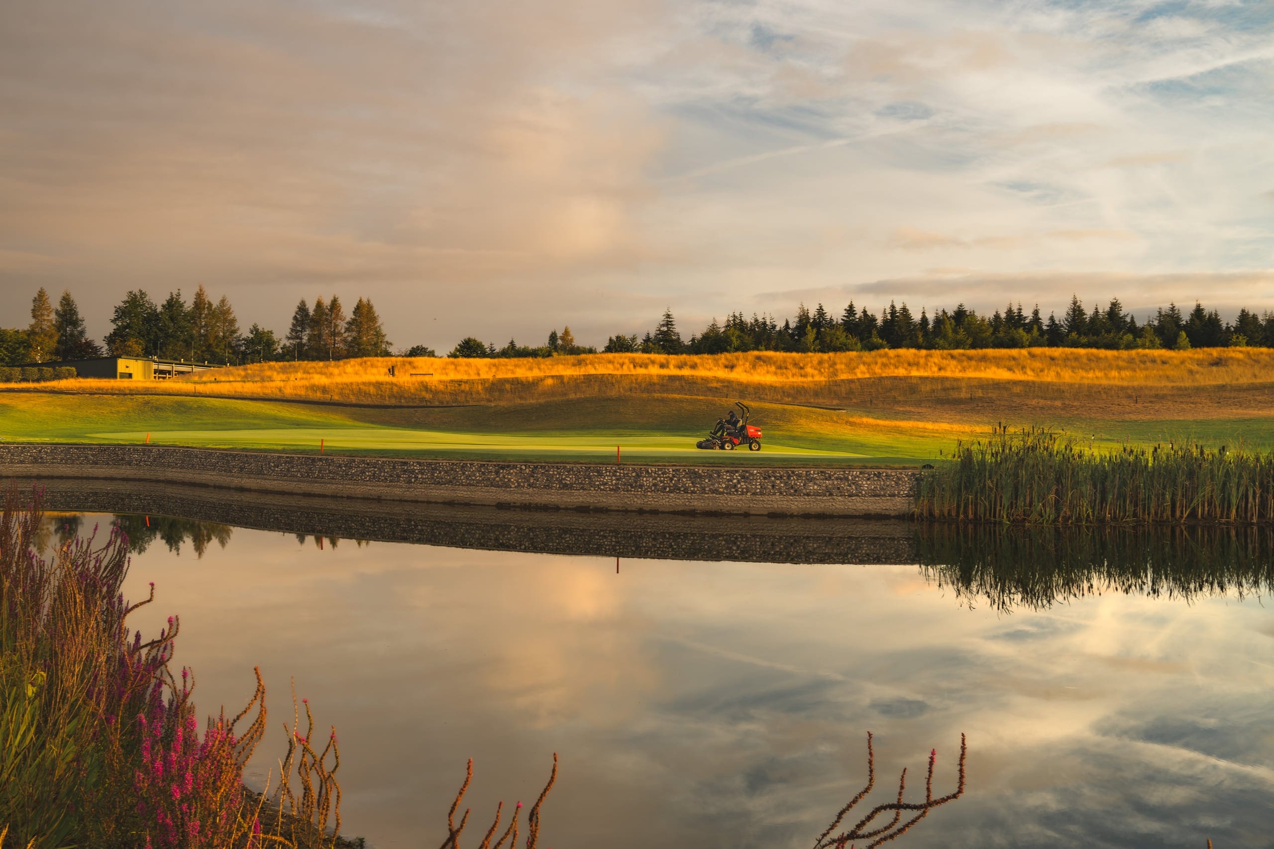 A greenkeeper on a mower working a green beside a lake at golden hour