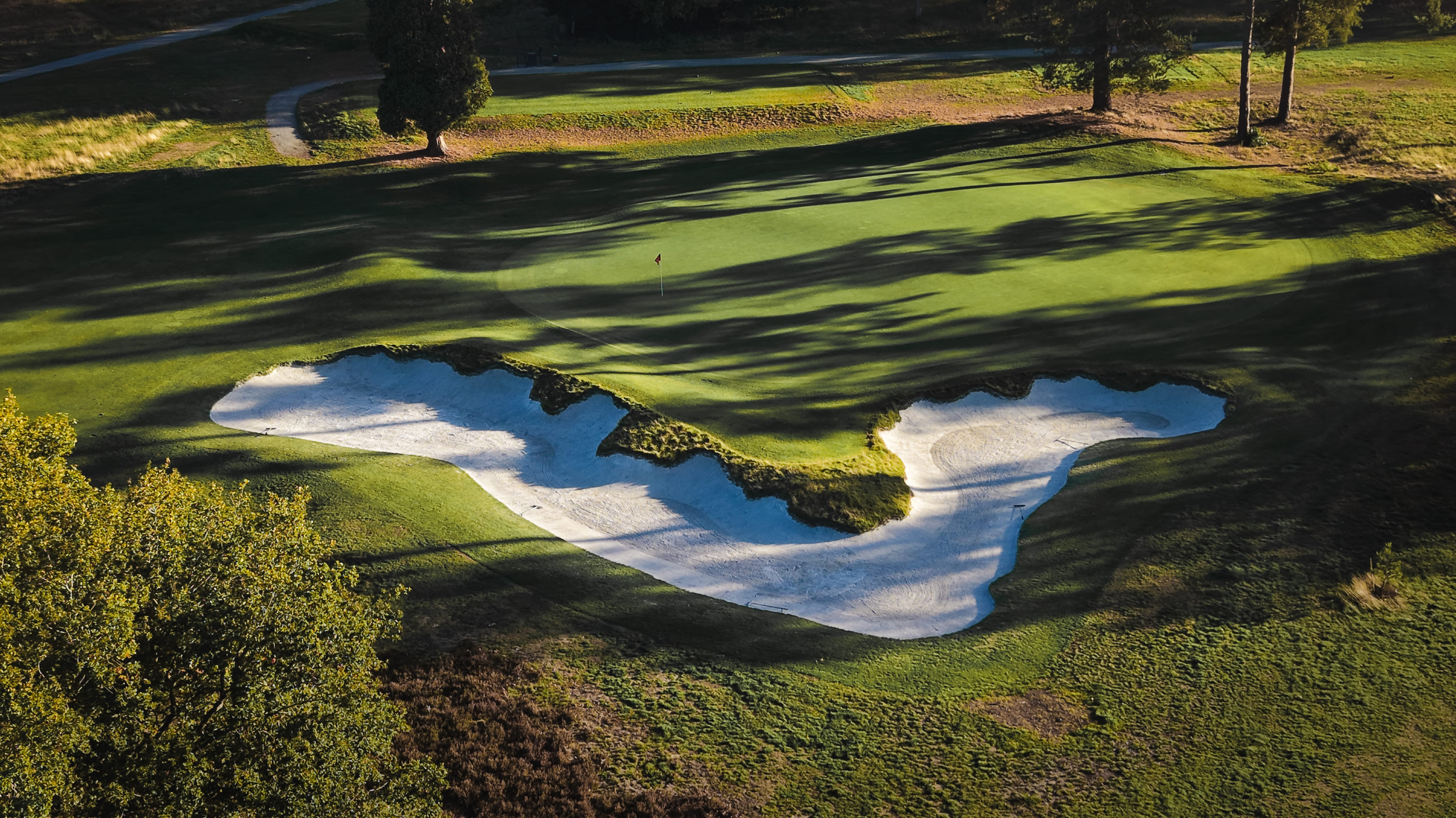 Long tree shadows raking across a green and its kidney-shaped bunker, seen from the air late in the day
