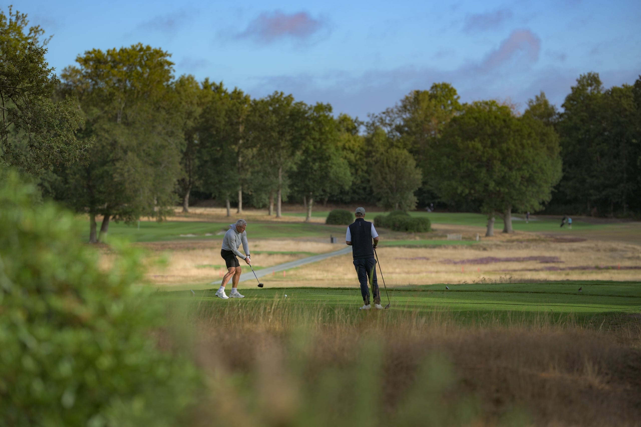 Two golfers on the tee, one mid-swing, heather either side of the fairway