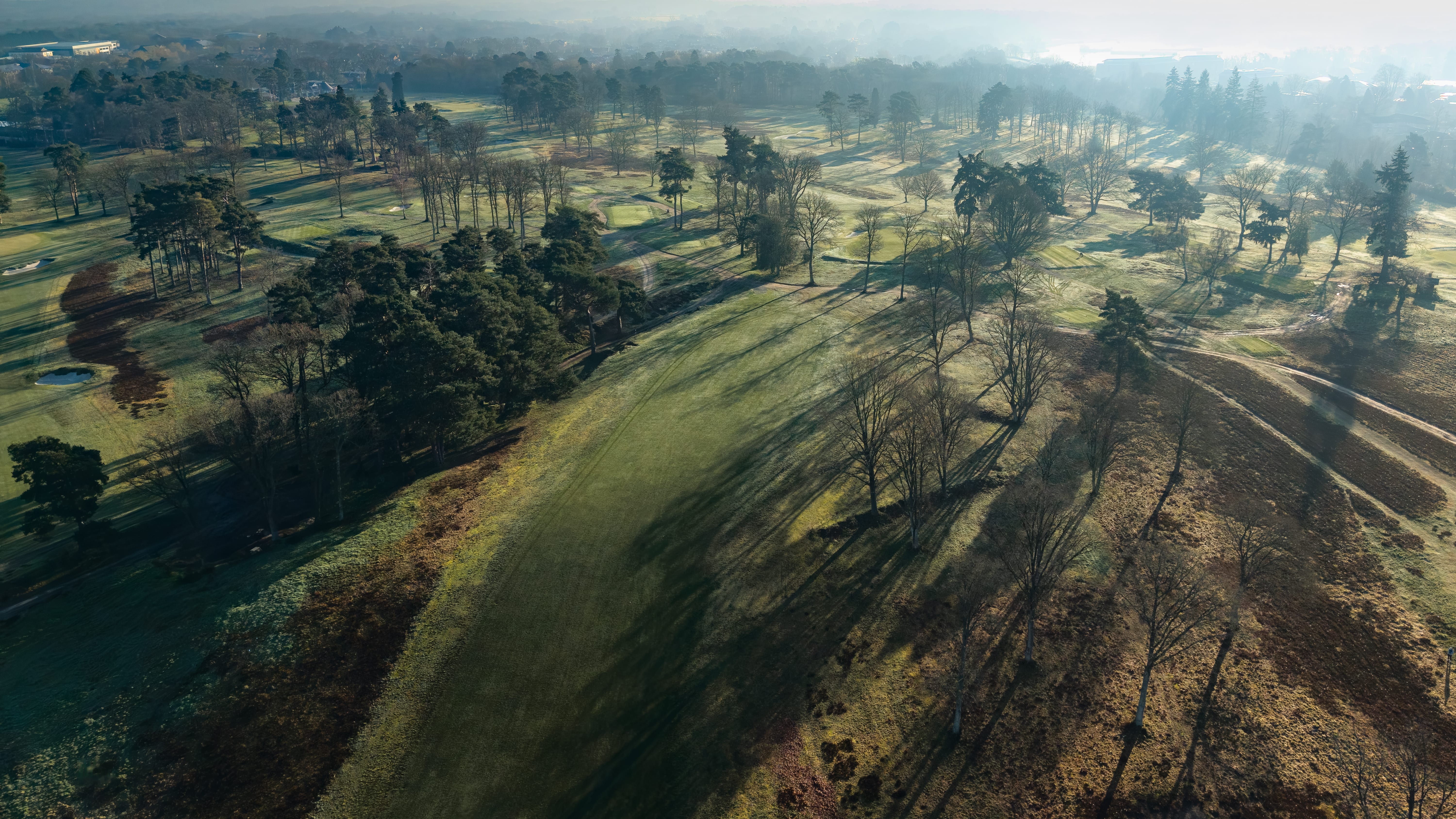 Winter sun breaking through mist across a frosted fairway lined with trees