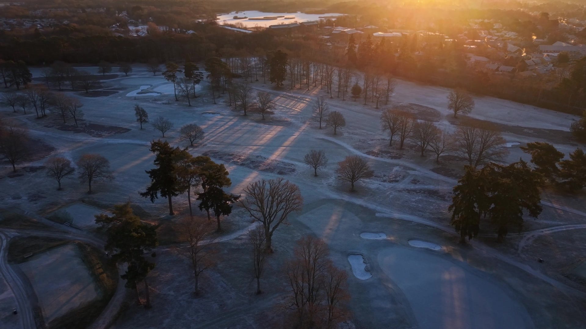 Aerial view of a frosted fairway at North Hants Golf Club at sunrise