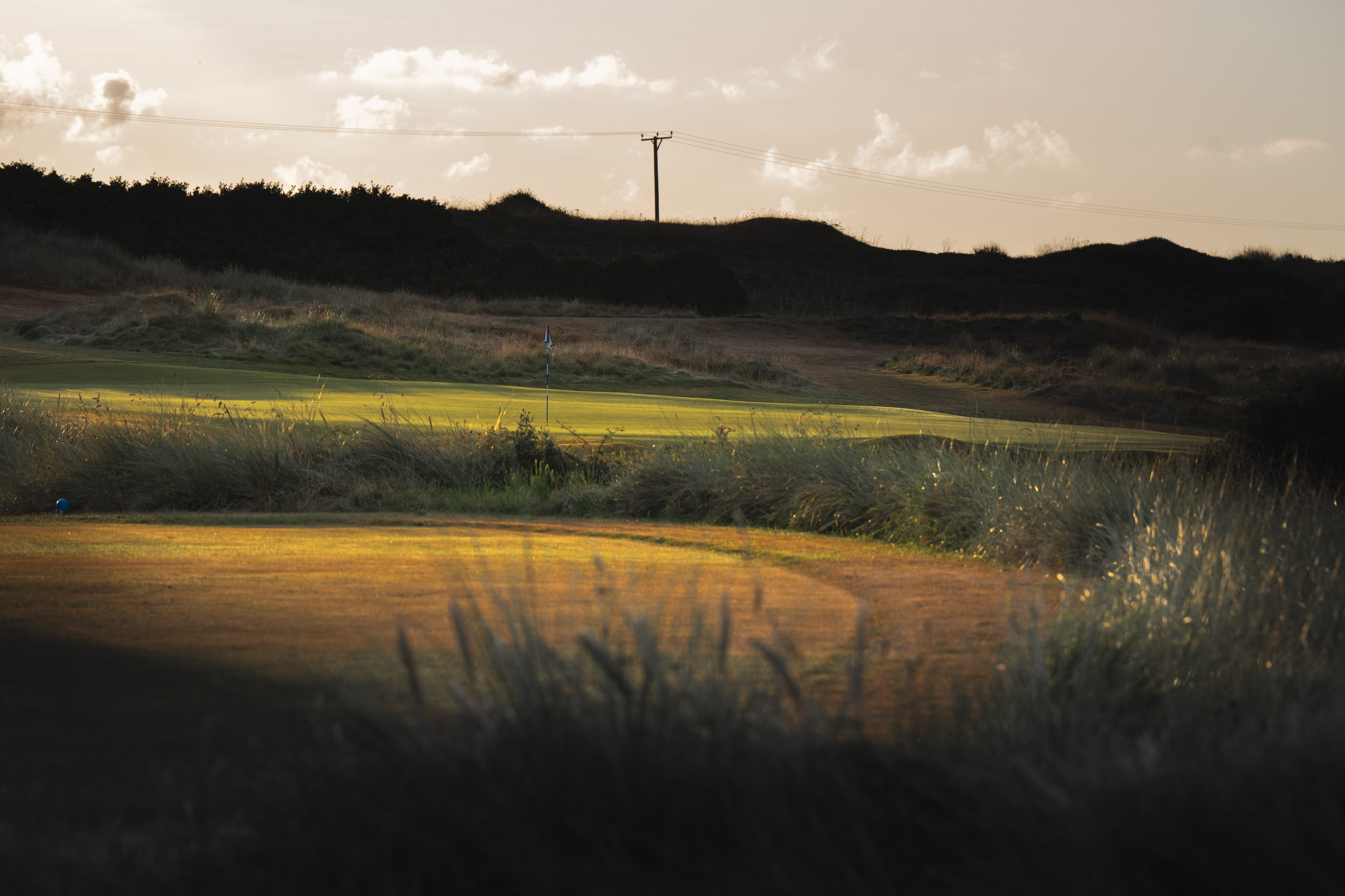 A green lit gold by the last light, dunes and a telegraph pole beyond