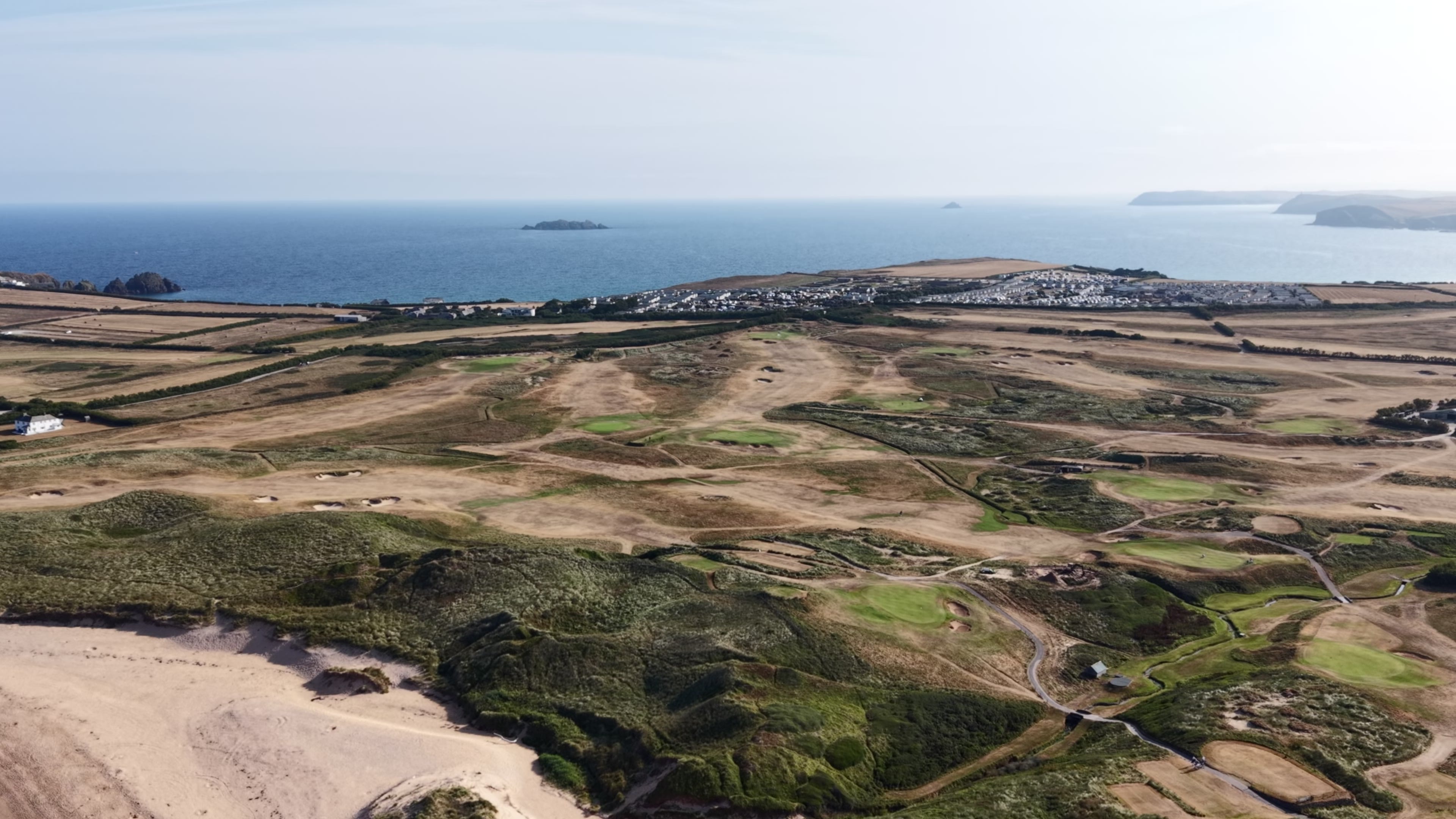 Aerial view of the Trevose links on the Cornish coast in summer