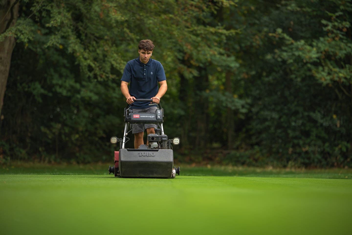 A greenkeeper stepping onto a pedestrian mower mid-stride