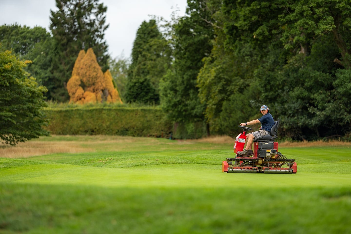 A ride-on mower working a green in the shade